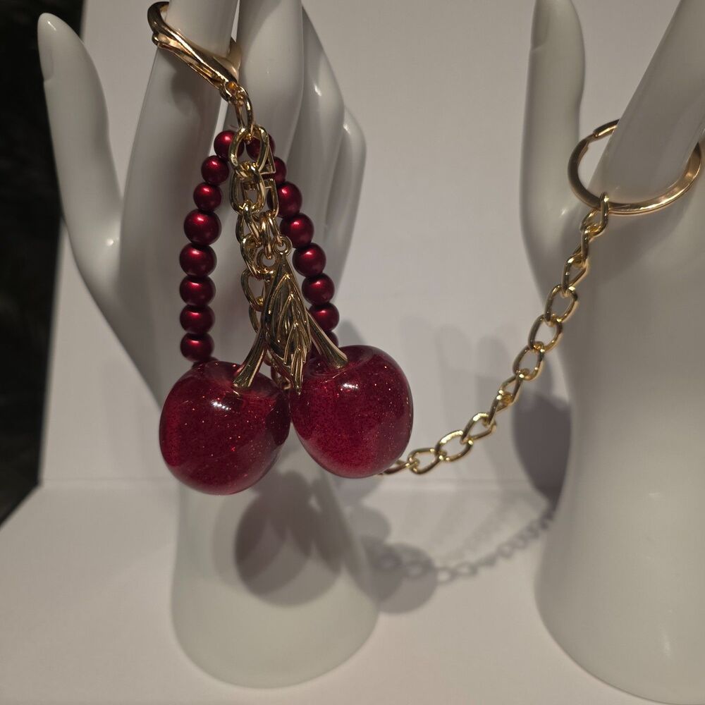 New Red Glitter Cherry Gold Purse Chain Extender Pearl Bag Charm
